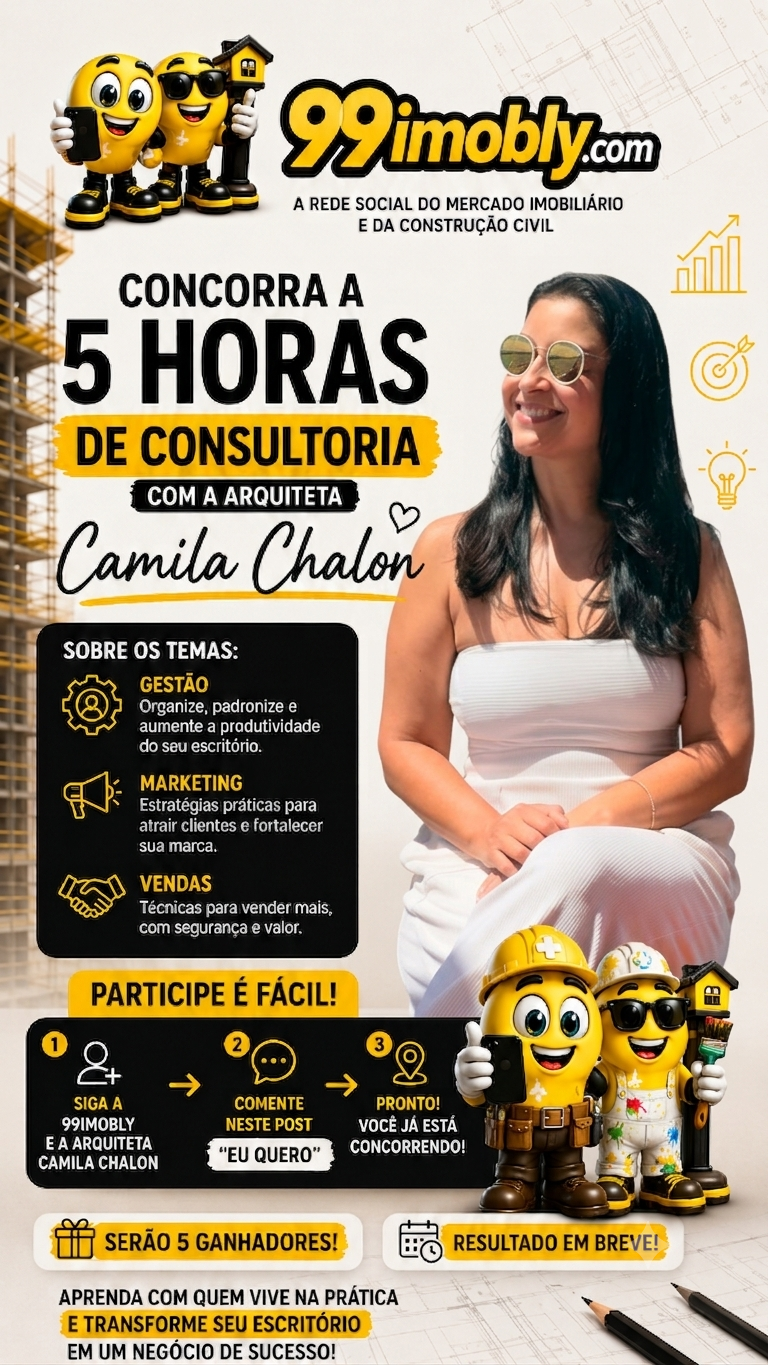 QUER ALAVANCAR O SEU ESCRITÓRIO DE ARQUITETURA, DESIGN DE INTERIORES, DECIDAÇÃO OU ENGENHARIA?
Você sente que falta processos, estratégias de captação de clientes ou técnicas certeiras de negociação no seu dia a dia? Chegou a sua chance de mudar isso na prática! 🚀
A 99imobly.com — a rede social do mercado imobiliário e da construção civil — preparou uma oportunidade imperdível para você:
💥 CONCORRA A 5 HORAS DE CONSULTORIA EXCLUSIVA COM A ARQUITETA CAMILA CHALON! 💥
Serão 5 ganhadores que receberão uma consuktiria de 1h personalizada focada em transformar o seu negócio através de três pilares essenciais: escolha o seu tópico.
⚙️ GESTÃO: Aprenda a organizar, padronizar processos e aumentar a produtividade real do seu escritório.
📢 MARKETING: Estratégias práticas para atrair os clientes certos e fortalecer a autoridade da sua marca.
🤝 VENDAS: Técnicas eficientes para vender mais projetos com segurança, valorização e lucratividade. Ou o assunto que você acha mais importante neste momento do seu negócio.
🛑 PARTICIPAR É MUITO FÁCIL!
Para entrar na disputa e concorrer a esse super prêmio, basta seguir os 3 passos abaixo:
1️⃣ SIGA os perfis: @99imobly e @camilachalon (marcar os arrobas corretos aqui).
2️⃣ COMENTE neste post a frase: “EU QUERO”.
3️⃣ PRONTO! Você já estará concorrendo automaticamente.
✨ Aprenda com quem vive na prática e transforme o seu escritório em um negócio de absoluto sucesso!
📅 Resultado em breve! Fique de olho no nosso feed e nos stories para não perder o anúncio dos ganhadores.
Boa sorte a todos! 🍀
#Arquitetura #Engenharia #DesignDeInteriores #ConsultoriaParaArquitetos #GestaoDeEscritorio MarketingImobiliario ConstrucaoCivil 99imobly SorteioArquitetura SucessoProfissional